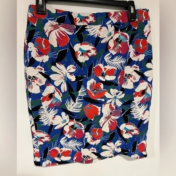 J Crew The Basketweave Pencil Skirt Size 4 Blue Red Floral Print - Picture 2 of 6